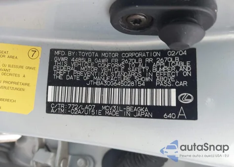 2004 Lexus Es 330 z USA, uszkodzony, nr VIN JTHBA30G645028154